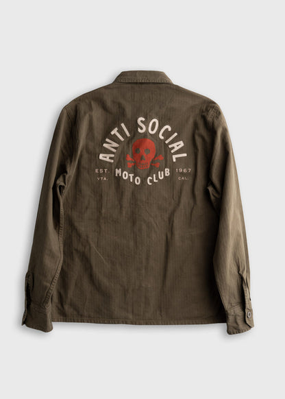 Brown jacket with "Anti Social Moto Club" and a red skull graphic on the back, evoking a rebellious biker style.