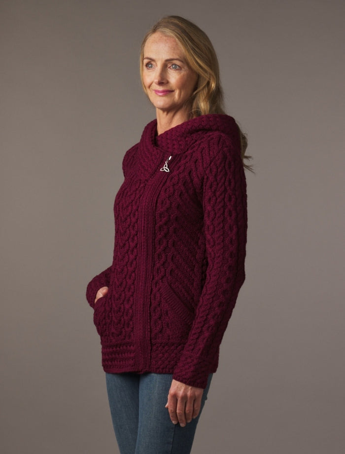 Aran Cable Knit Hoodie With Celtic Side Zip - Wine #color_wine