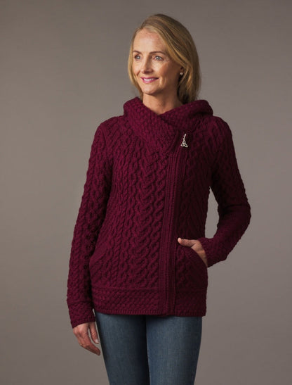 Aran Cable Knit Hoodie With Celtic Side Zip - Wine #color_wine