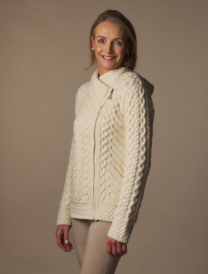 Aran Cable Knit Hoodie With Celtic Side Zip - Natural White #color_natural-white