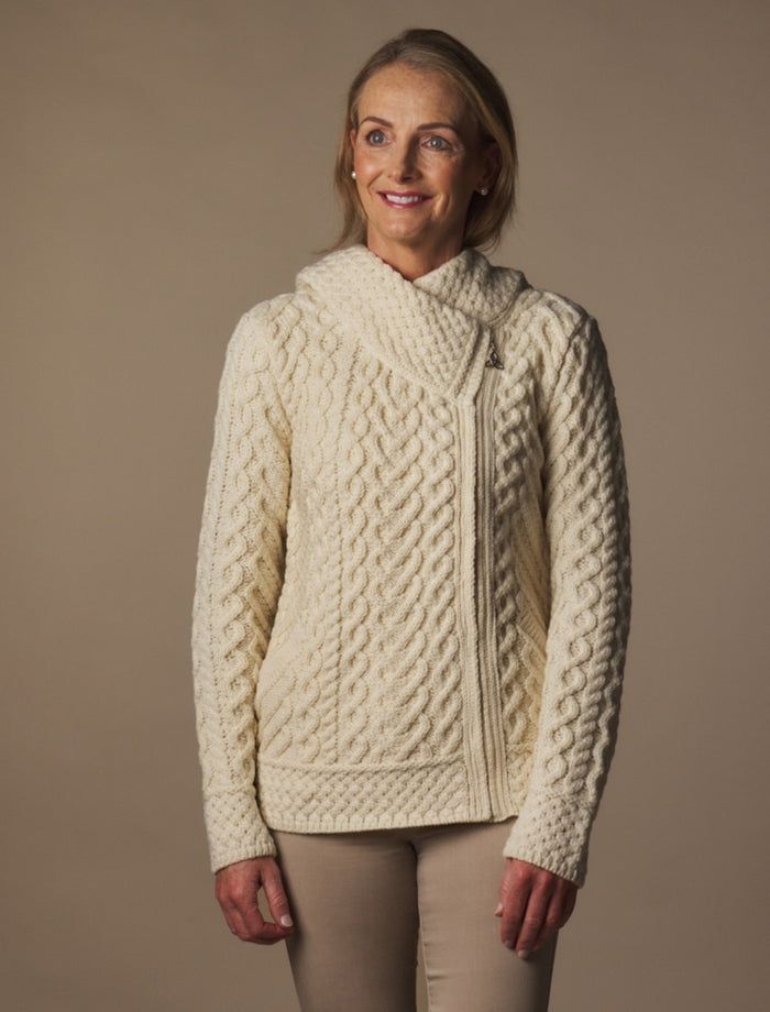 Aran Cable Knit Hoodie With Celtic Side Zip - Natural White #color_natural-white