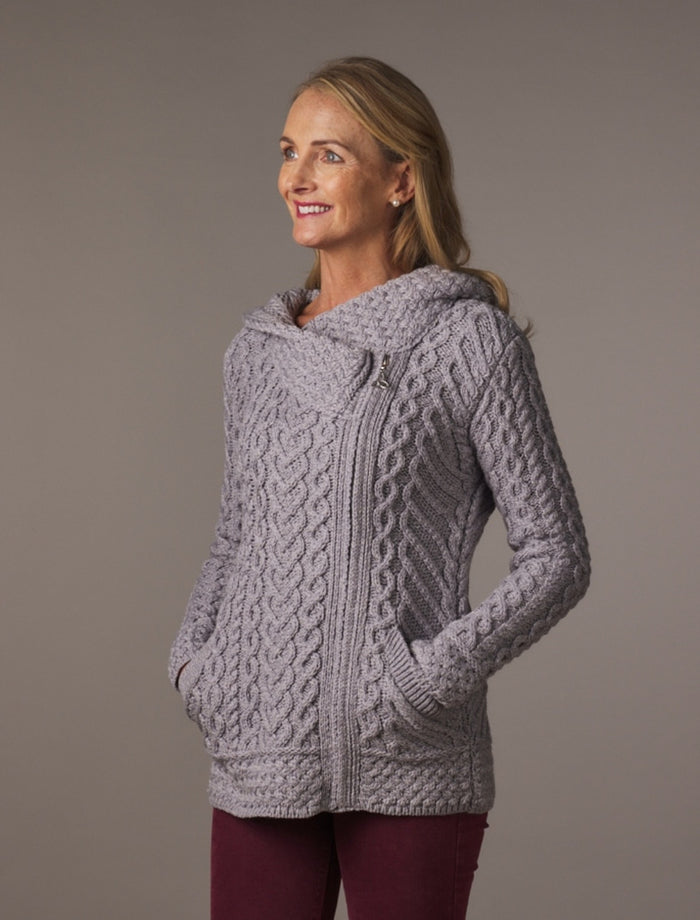 Aran Cable Knit Hoodie With Celtic Side Zip - Soft Grey #color_soft-grey