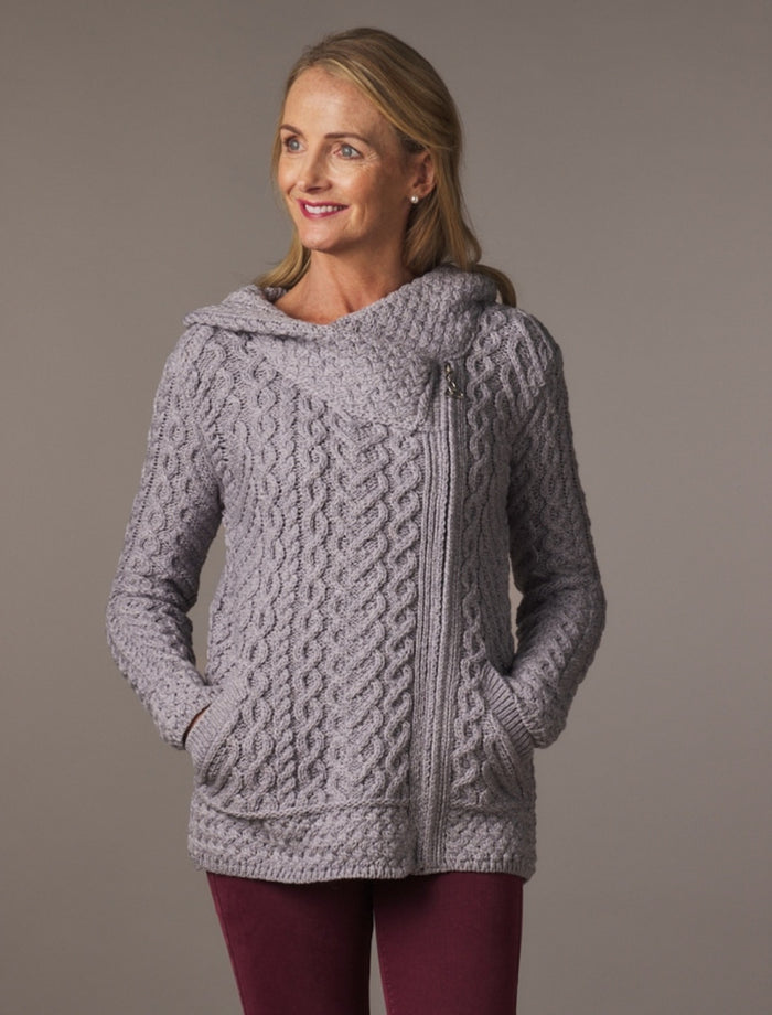 Aran Cable Knit Hoodie With Celtic Side Zip - Soft Grey #color_soft-grey