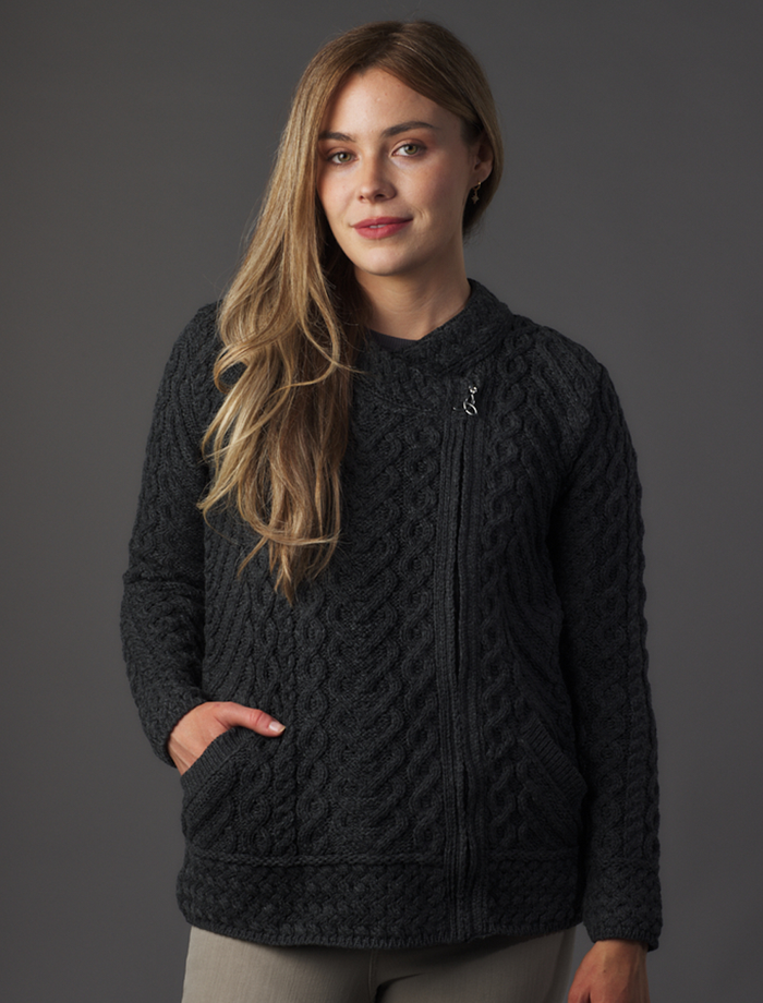 Cable Knit Hoodie With Celtic Side Zip - Black #color_black