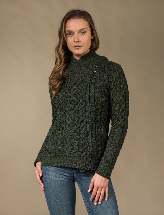 Aran Cable Knit Hoodie With Celtic Side Zip - Army Green #color_army-green