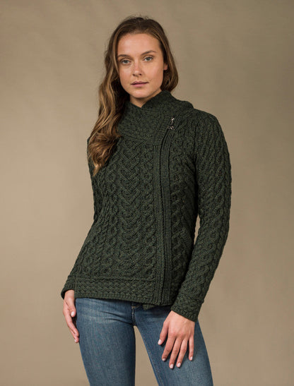 Aran Cable Knit Hoodie With Celtic Side Zip - Army Green #color_army-green