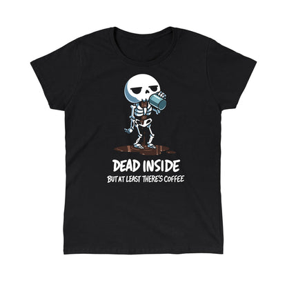 Classic Cotton T-shirt_TeeTurtle black At Least There's Coffee featuring a skeleton drinking coffee with the coffee leaking through it.