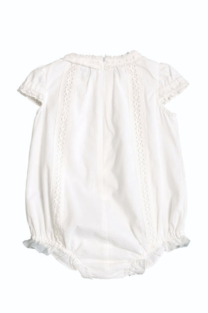 The Ivy City Co Baby Palermo Romper in White features short puffed sleeves, lace trim, and elastic leg openings—perfect for Mom and Me matching outfits. Shown on a plain white background.