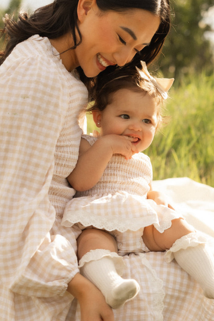 Baby Presley Sleeveless Romper in Cream Gingham-2