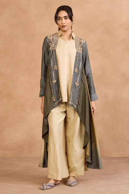 Beige Co-Ord Set with Embroidered Overlay Jacket