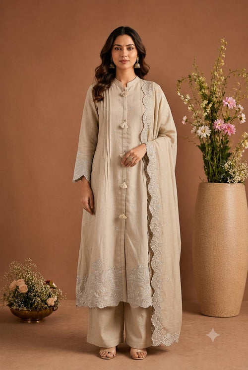 Beige Embroidered Straight Kurta Set with Dupatta
