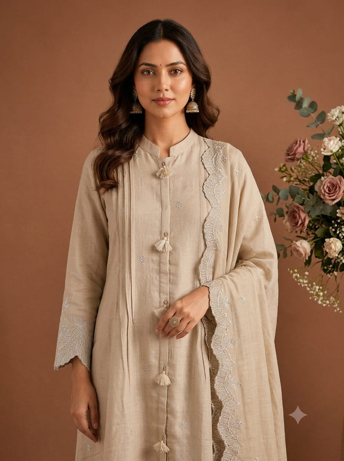 Beige Embroidered Straight Kurta Set with Dupatta