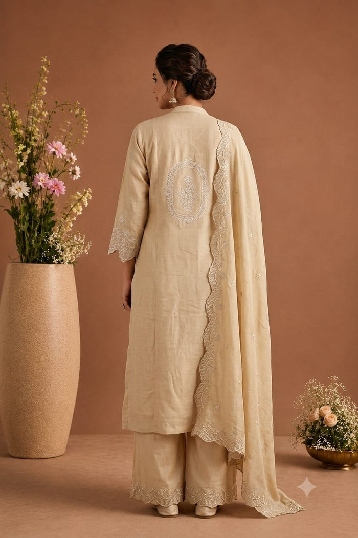 Beige Embroidered Straight Kurta Set with Dupatta