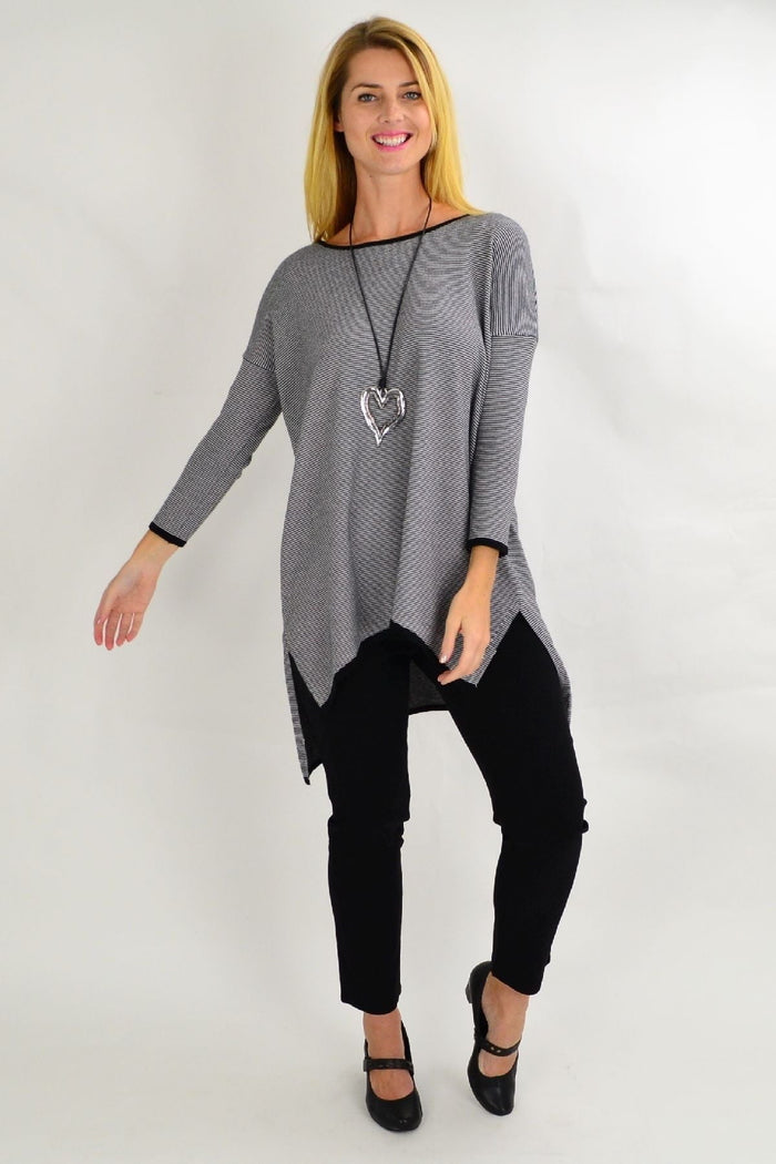 Black and grey striped Willow Tree tunic top for women, featuring a relaxed fit and stylish candy stripe pattern.