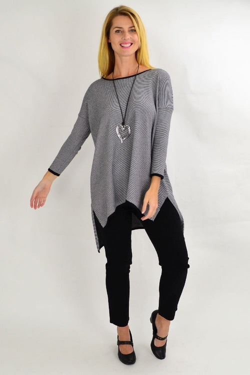Black and grey striped Willow Tree tunic top for women, featuring a relaxed fit and stylish candy stripe pattern.