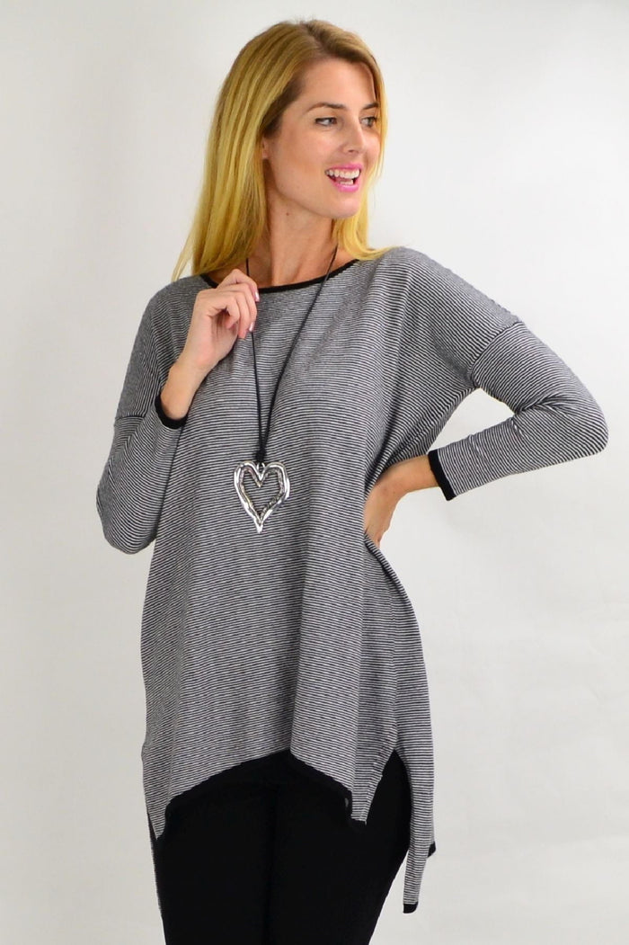 Black and grey striped Willow Tree tunic top for women, featuring a comfortable fit and stylish pattern.
