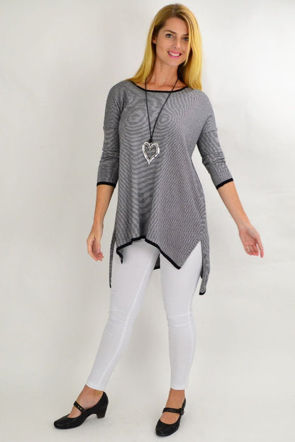 Black and grey stripe Willow Tree tunic top for women, featuring a relaxed fit and stylish design.