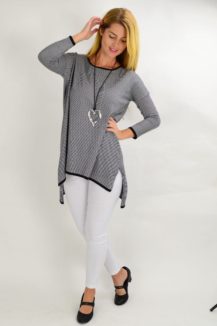 Black and grey striped Willow Tree tunic top with a relaxed fit, featuring a round neckline and long sleeves for casual style.