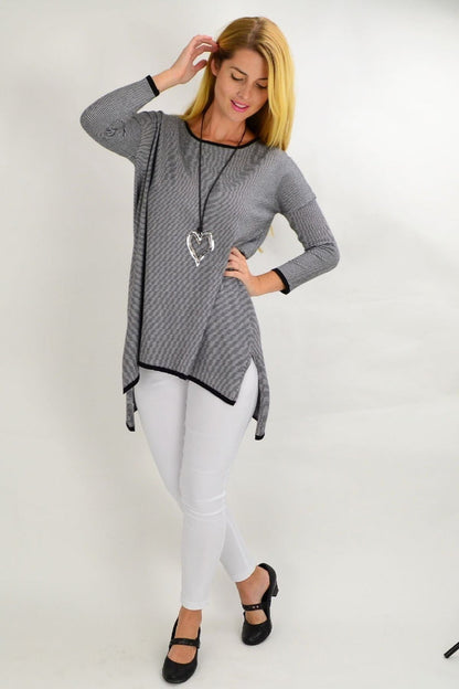 Black and grey striped Willow Tree tunic top with a relaxed fit, featuring a round neckline and long sleeves for casual style.