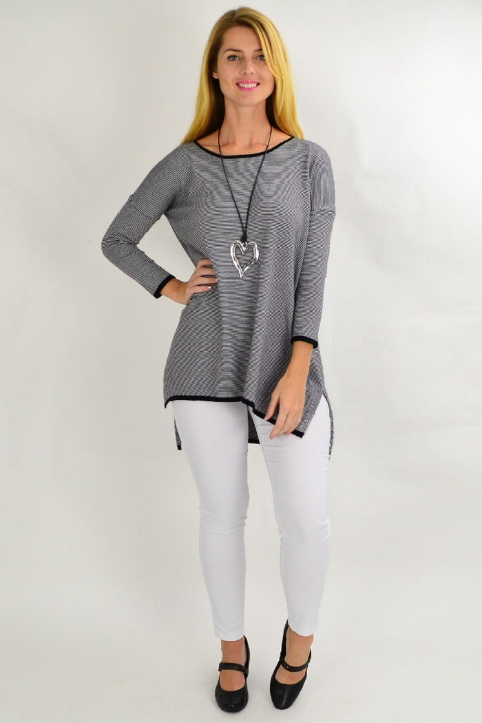 Black and grey striped Willow Tree tunic top for women, featuring a relaxed fit and stylish candy stripe pattern.