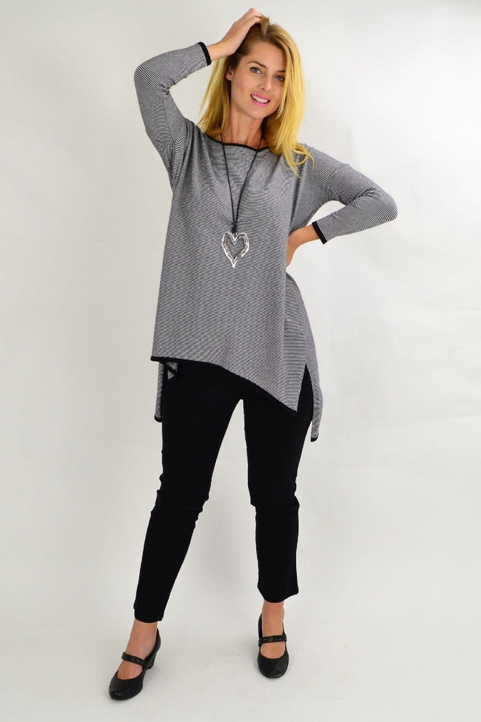 Black and grey candy stripe tunic top by Willow Tree featuring a relaxed fit and stylish design for casual wear.