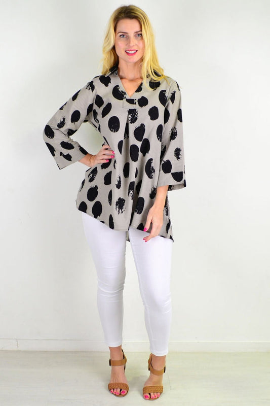 Black dot pocket linen cotton tunic top by Ruby Rain, featuring a relaxed fit and subtle dot pattern, perfect for casual wear.