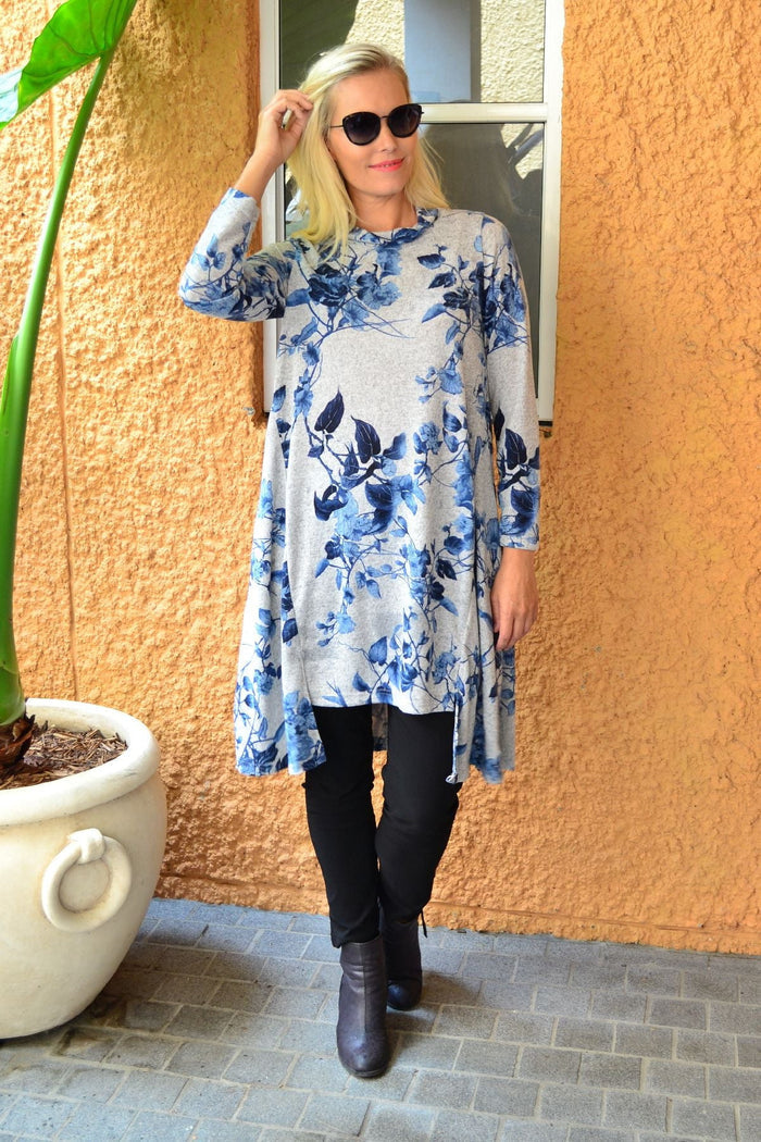 Blue Autumn Leaf Fleece Tunic Dress by Hourglass, featuring cozy fleece fabric and a leaf pattern, styled as a relaxed tunic.