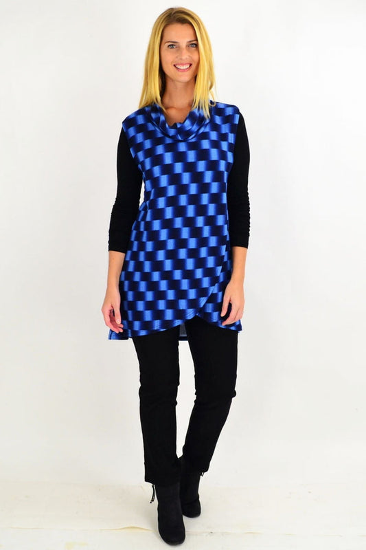 Blue check fold-over front tunic top by Whispers, sleeveless design, casual women's tunic with a relaxed fit and stylish pattern.