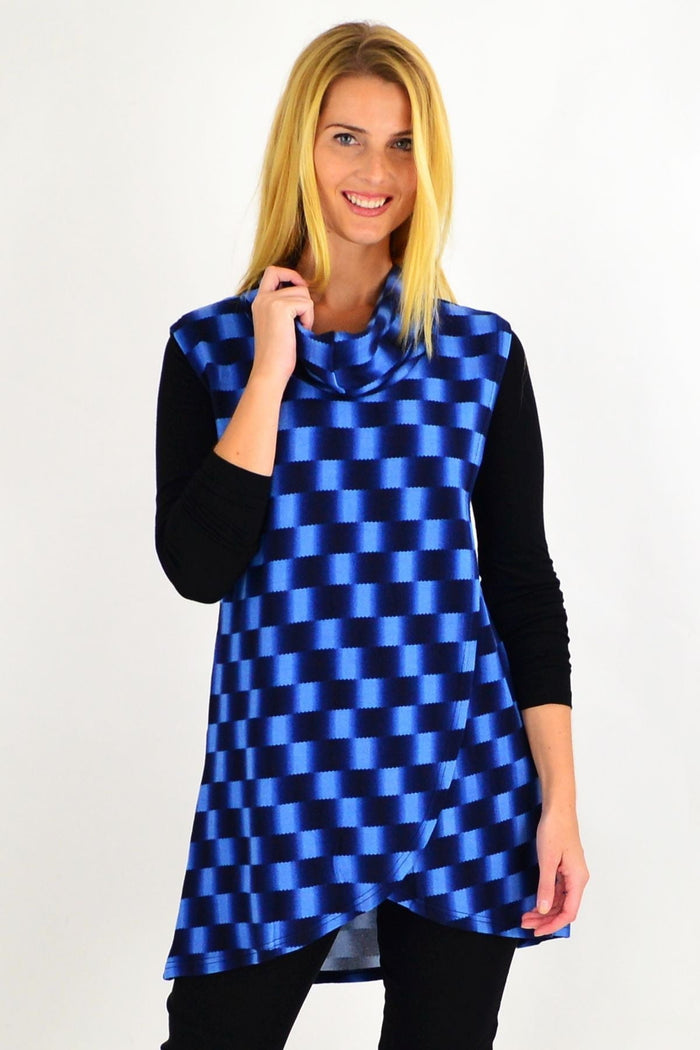 Blue check fold-over front tunic top by Whispers, sleeveless design, casual style, with a relaxed fit and tunic length.