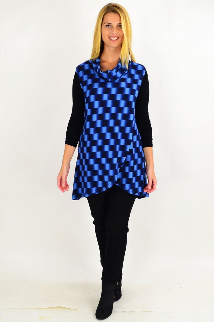 Blue and black check fold-over front tunic top by Whispers, sleeveless design with a relaxed fit and casual style.