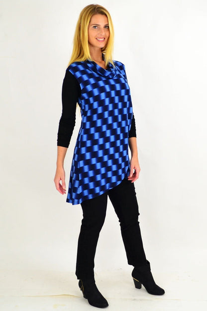 Blue check fold-over front tunic top by Whispers, sleeveless design with a stylish check pattern, casual and comfortable fit.