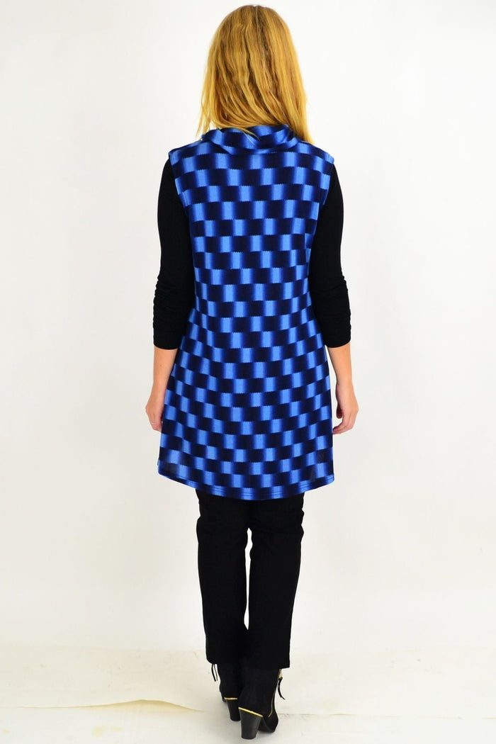 Blue check fold-over front tunic top by Whispers, sleeveless design, casual style, with a relaxed fit and front fold detail.
