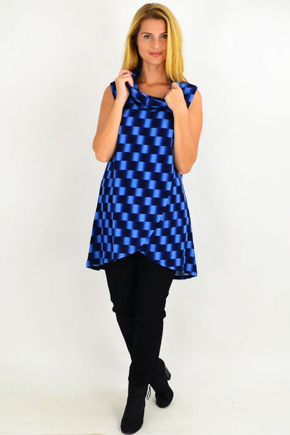 Blue and black check fold-over front tunic top by Whispers, sleeveless design with a relaxed fit and casual style.