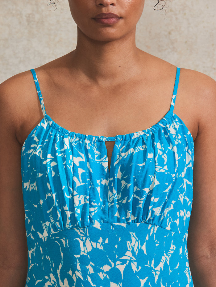 Blue Leaf-Print Keyhole-Detail Midi Dress
