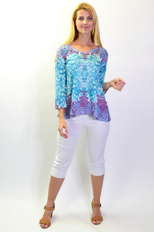 Blue Royal Zen Garden tunic tee with a relaxed fit, short sleeves, and a round neckline, displayed on a plain background.