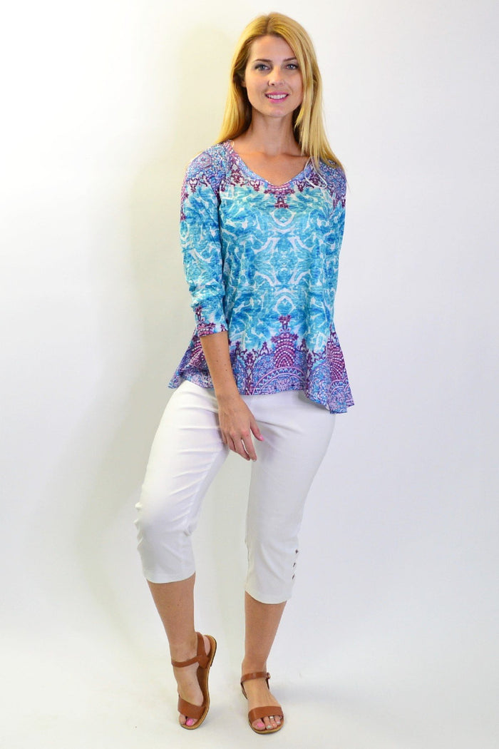 Blue Royal Zen Garden tunic tee with a relaxed fit, featuring a soft fabric and simple round neckline.