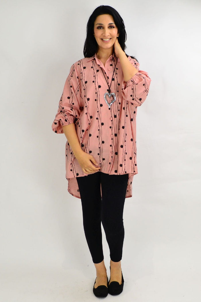 Blush pink loose tunic shirt by Cotton Village, festive light design, soft fabric, perfect for casual or special occasions.
