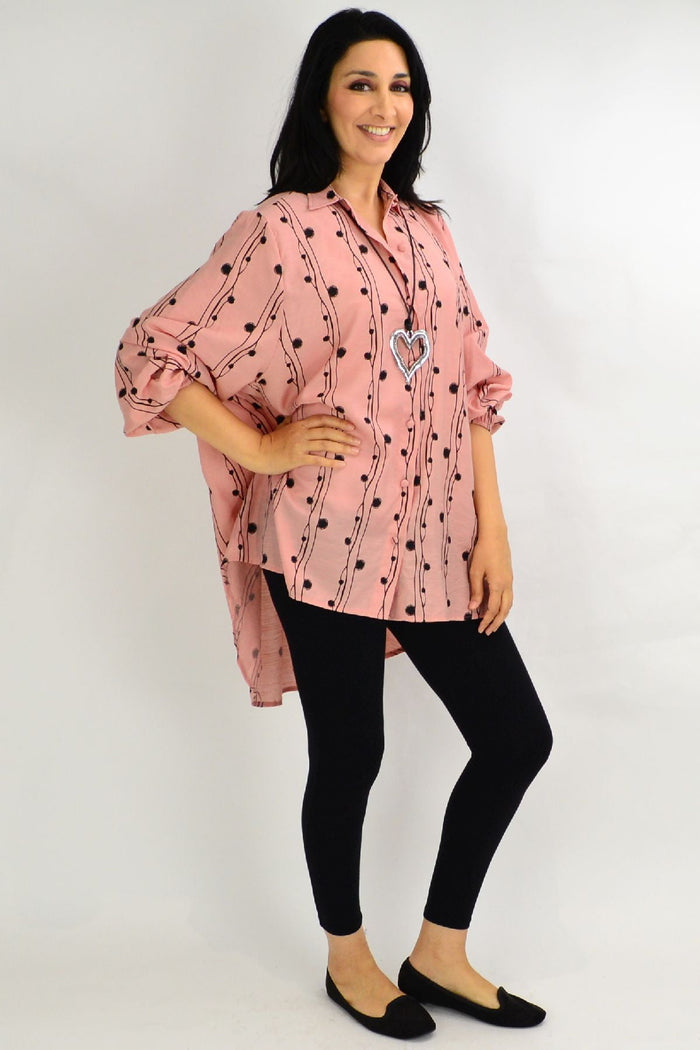 Blush pink loose-fit festive tunic shirt by Cotton Village, featuring a relaxed design and elegant style.
