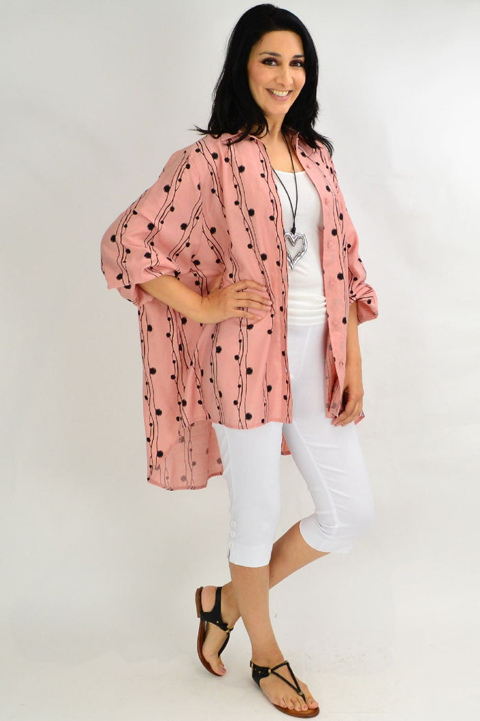 Blush pink festive light cotton tunic shirt with loose fit, stylish design, ideal for casual and festive wear.