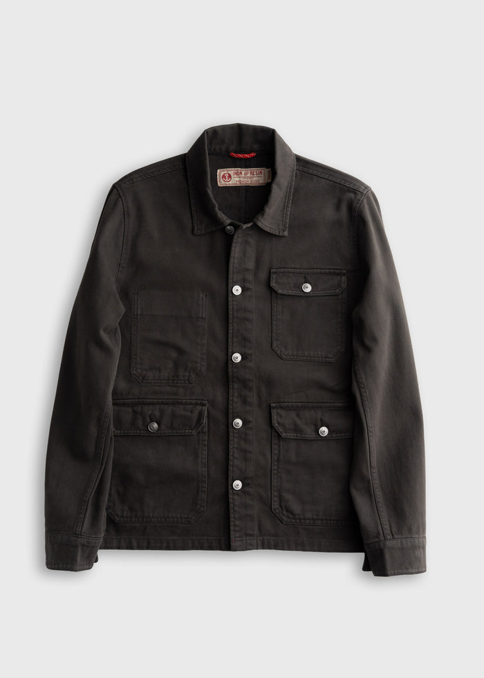 Men’s peach bull denim jacket with shank button closure and three front pockets, durable cotton workwear outerwear with mechanic style interior pockets and classic utility design