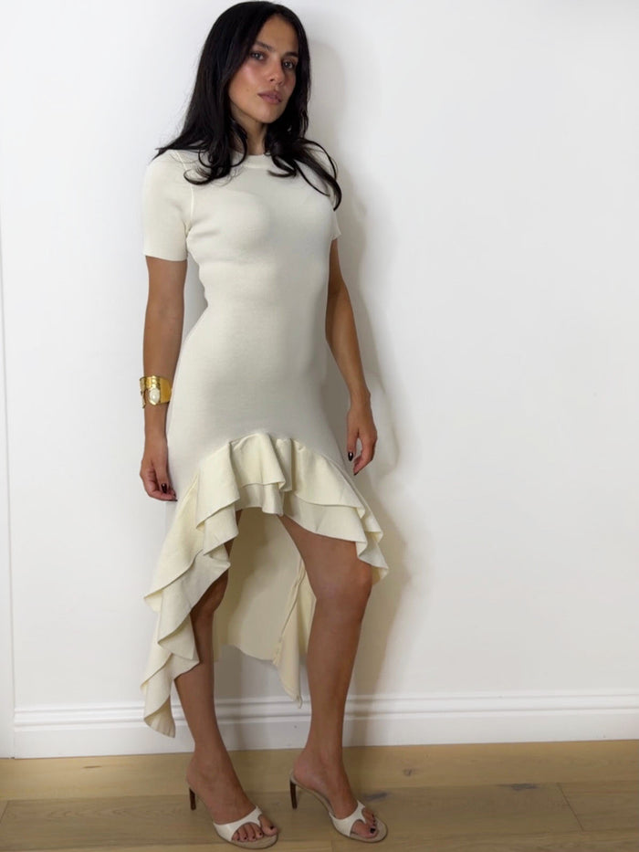 CARRIE KNITTED RUFFLE DRESS CREAM