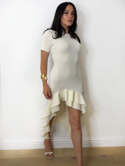 CARRIE KNITTED RUFFLE DRESS CREAM
