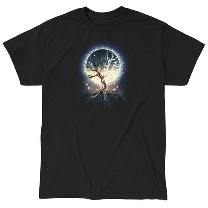 Classic Cotton T-shirt_TeeTurtle black Celestial Tree t-shirt featuring a floating tree with roots exposed with stars hanging from its branches and a full moon that can be seen in the background through the tree’s branches.