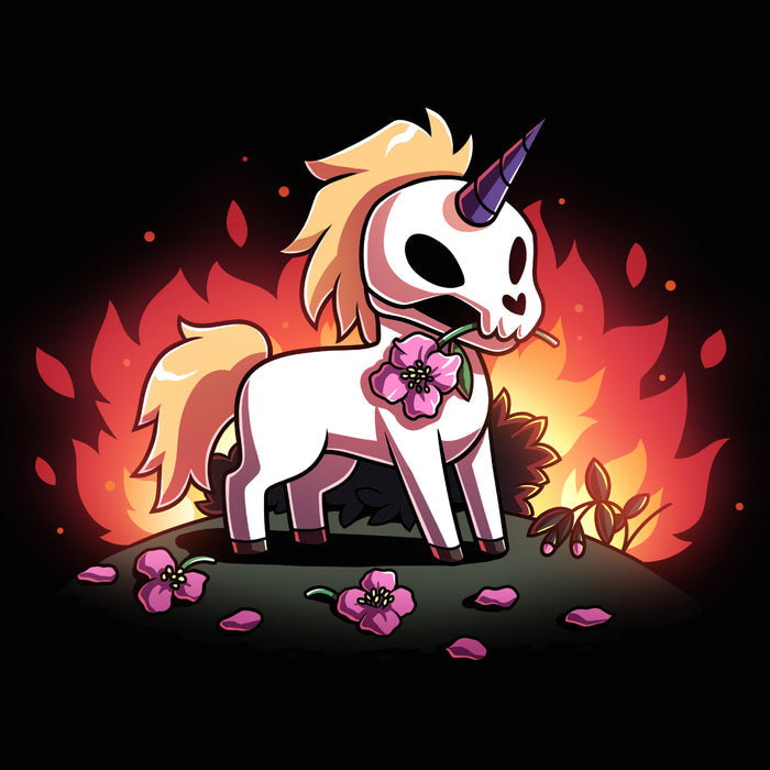 Premium Cotton T-shirt_TeeTurtle black Chaotic Good apparel featuring a skull unicorn holding a pink flower in its mouth with dead flowers at its feet and fire in the background.