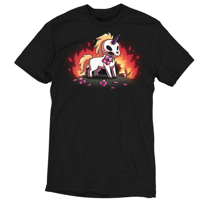 Premium Cotton T-shirt_TeeTurtle black Chaotic Good apparel featuring a skull unicorn holding a pink flower in its mouth with dead flowers at its feet and fire in the background.
