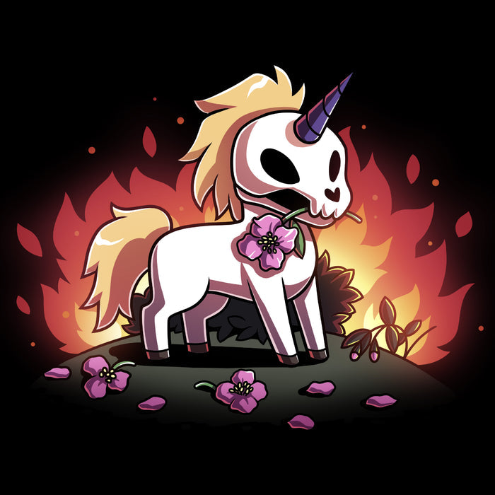 Classic Cotton T-shirt_TeeTurtle  black Chaotic Good apparel featuring a skull unicorn holding a pink flower in its mouth with dead flowers at its feet and fire in the background.