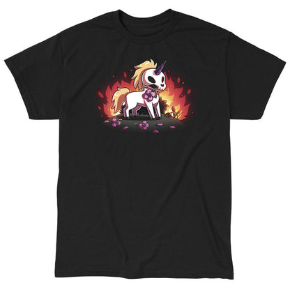 Classic Cotton T-shirt_TeeTurtle  black Chaotic Good apparel featuring a skull unicorn holding a pink flower in its mouth with dead flowers at its feet and fire in the background.