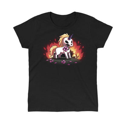 Classic Cotton T-shirt_TeeTurtle  black Chaotic Good apparel featuring a skull unicorn holding a pink flower in its mouth with dead flowers at its feet and fire in the background.