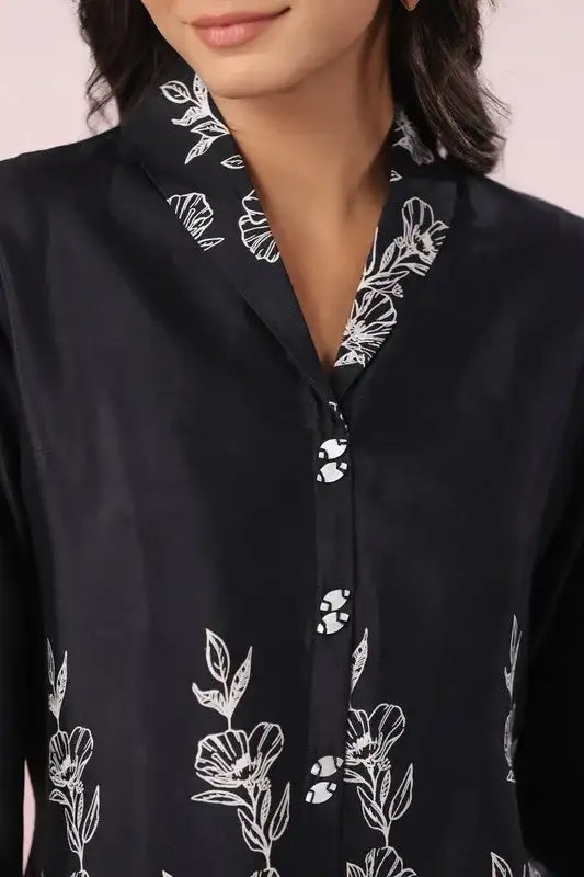 Chic Botanical Print Black Tunic Russian Silk Top
