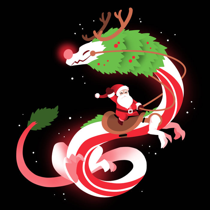 Premium Cotton T-shirt_TeeTurtle Christmas Dragon V2 Black apparel featuring an artistic candy cane dragon with a glowing nose and Santa riding on the back.